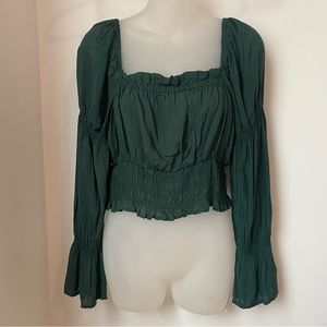 NWOT Nordstrom Open Edit Dark Green Square Neck Peasant Blouse Sz S